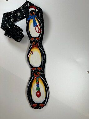 Stacking Snowmen Penquins Black Christmas Holiday Tie with Snowflake Background